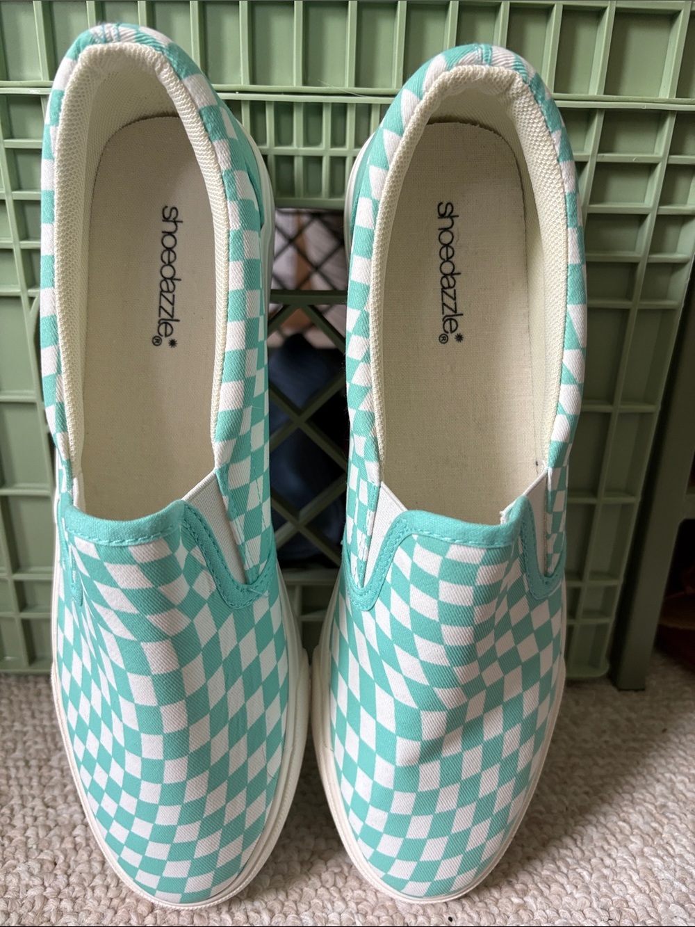 Shoe Dazzle Turquoise and White Checkerboard Slip-On Sneakers - Picture 4 of 4